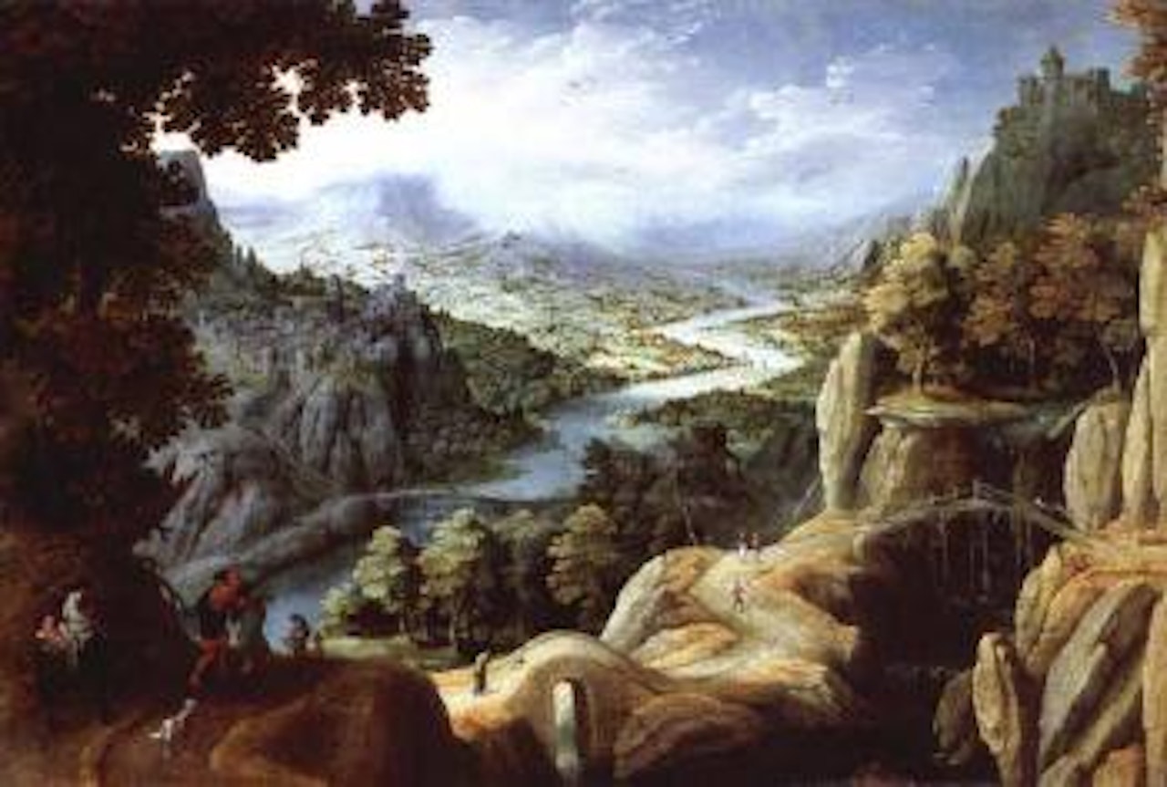 Extensive mountainous river landscape with the reconciliation of Jacob and Laban by Tobias Verhaecht