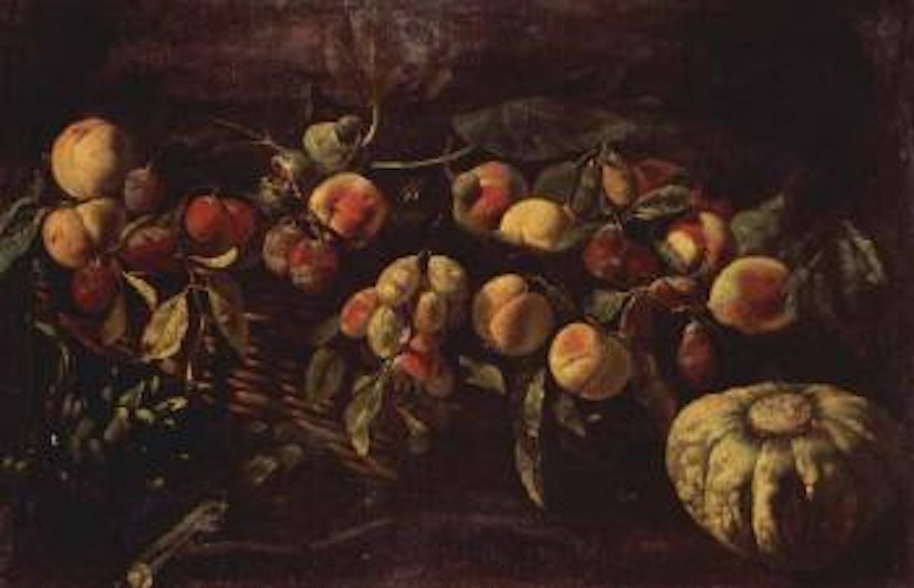 Still life of peaches and plums in a basket, with artichokes and melon by Roman School