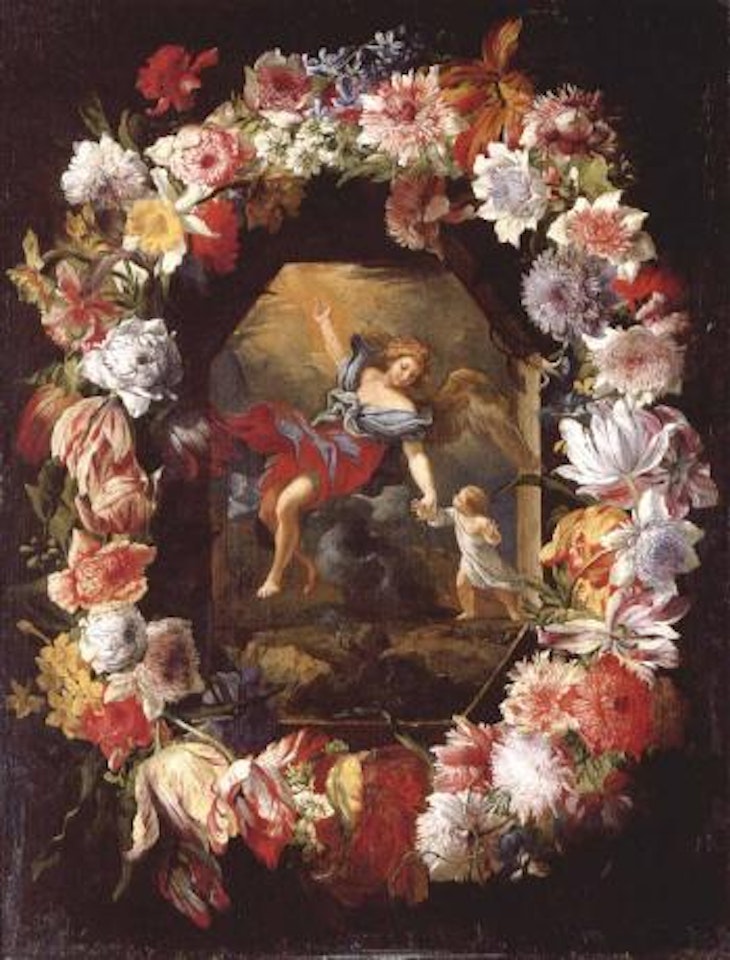 Garland of flowers surrounding a scene of the Guardian Angel by Abraham Brueghel