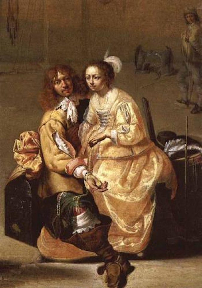 Guardroom interior with a cavalier holding a coin by Jacob Duck