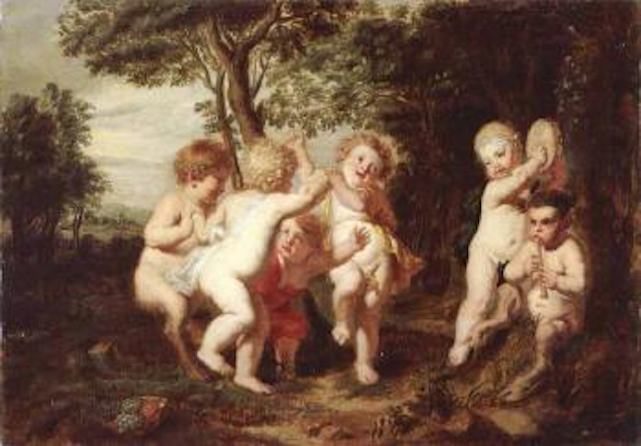 Wooded landscape with putti and satyrs playing music and dancing by Peter Paul Rubens