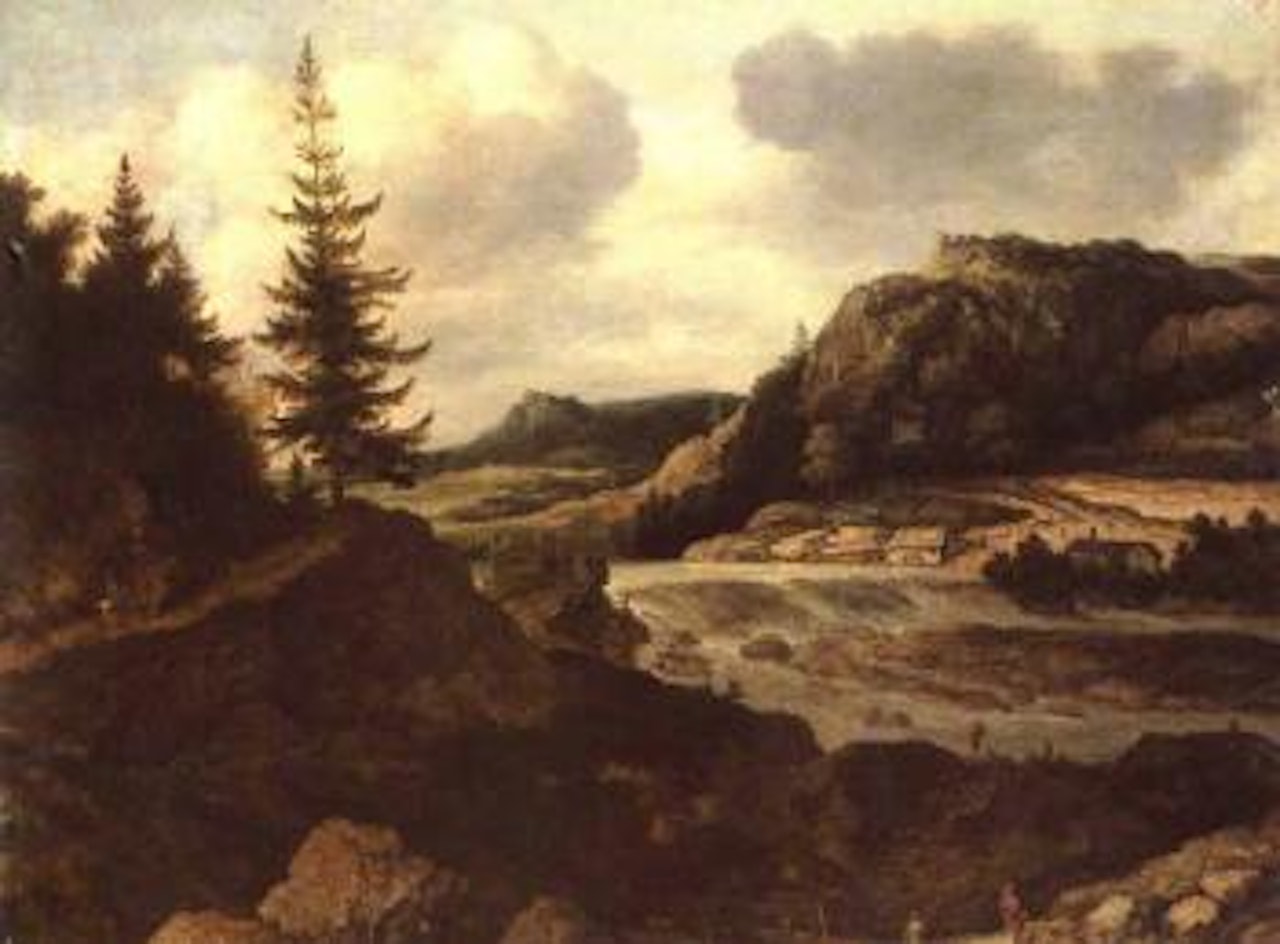 Mountainous river landscape with travellers by Allart van Everdingen