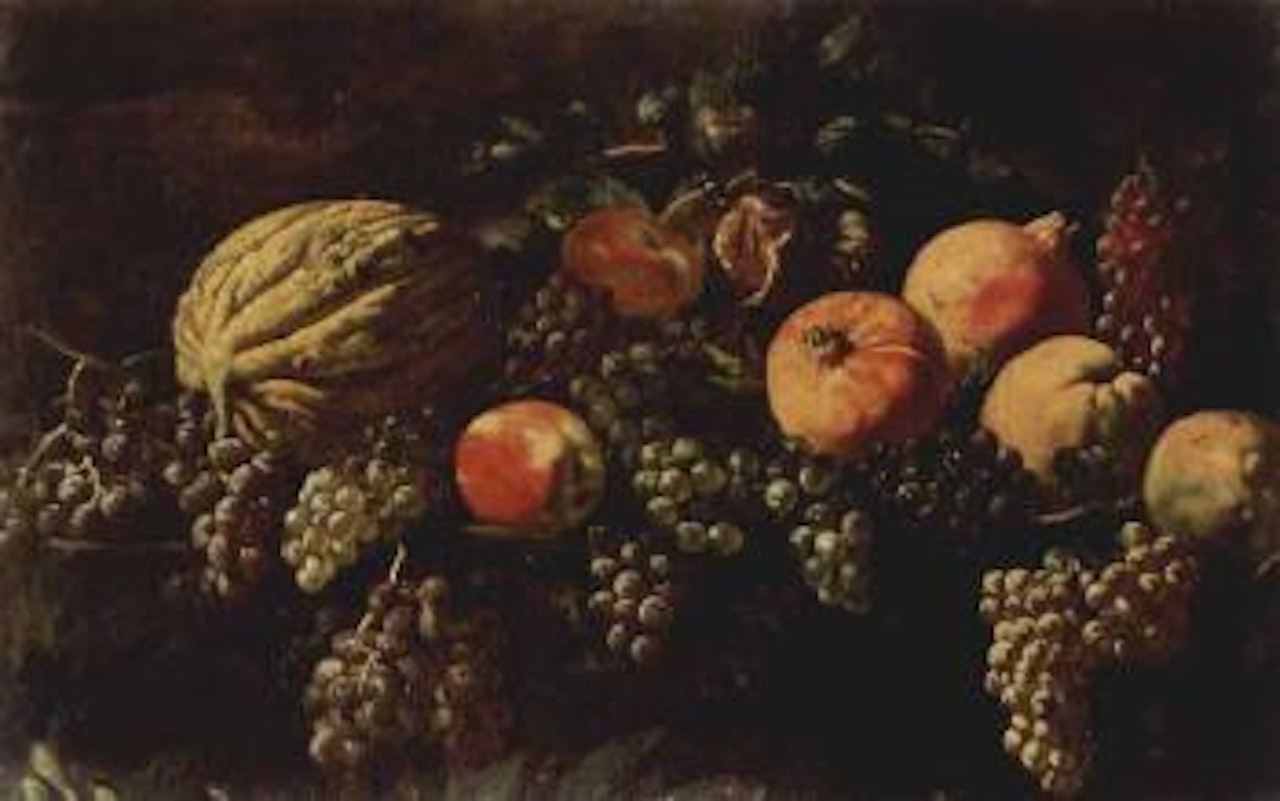 Still life of pomegranates, black and green grapes by Roman School