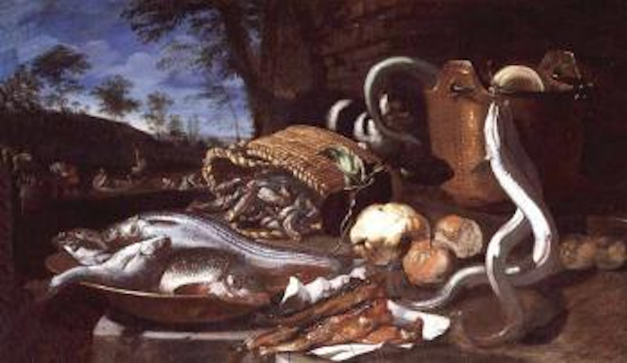 Still life with various fish in a basket by Giuseppe Recco