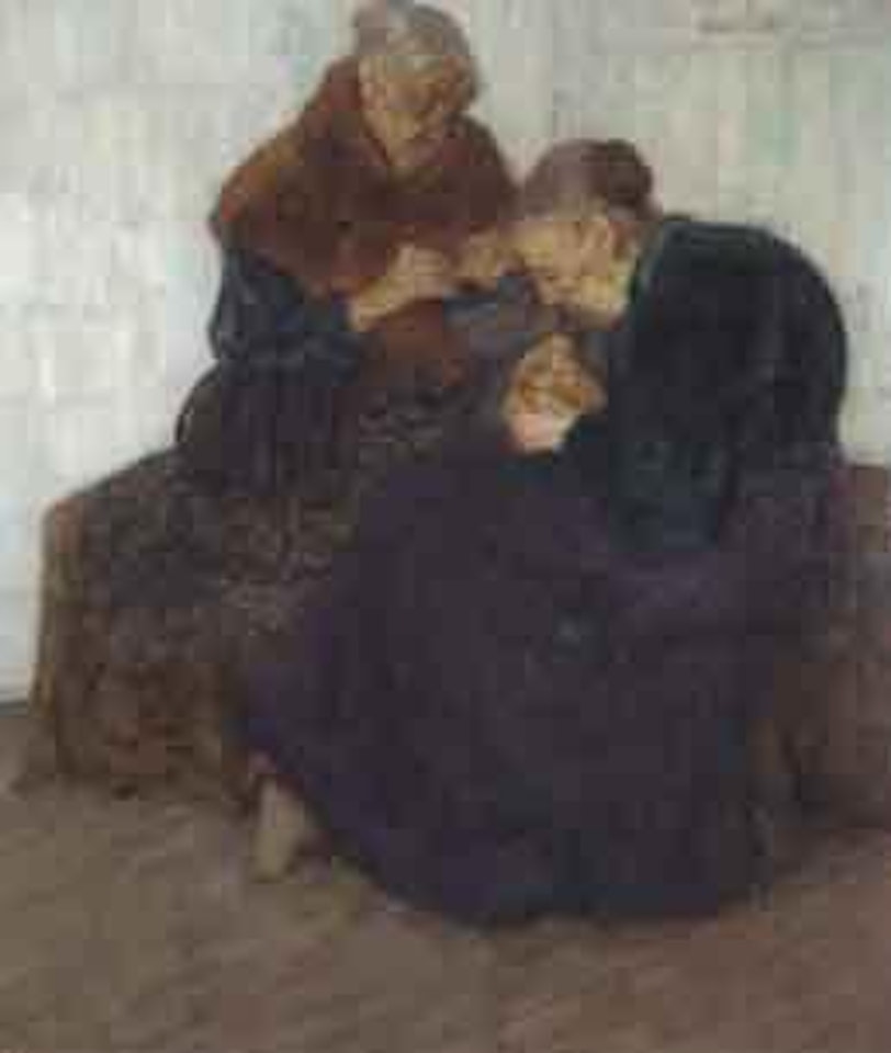 Two ladies sewing by Spanish School