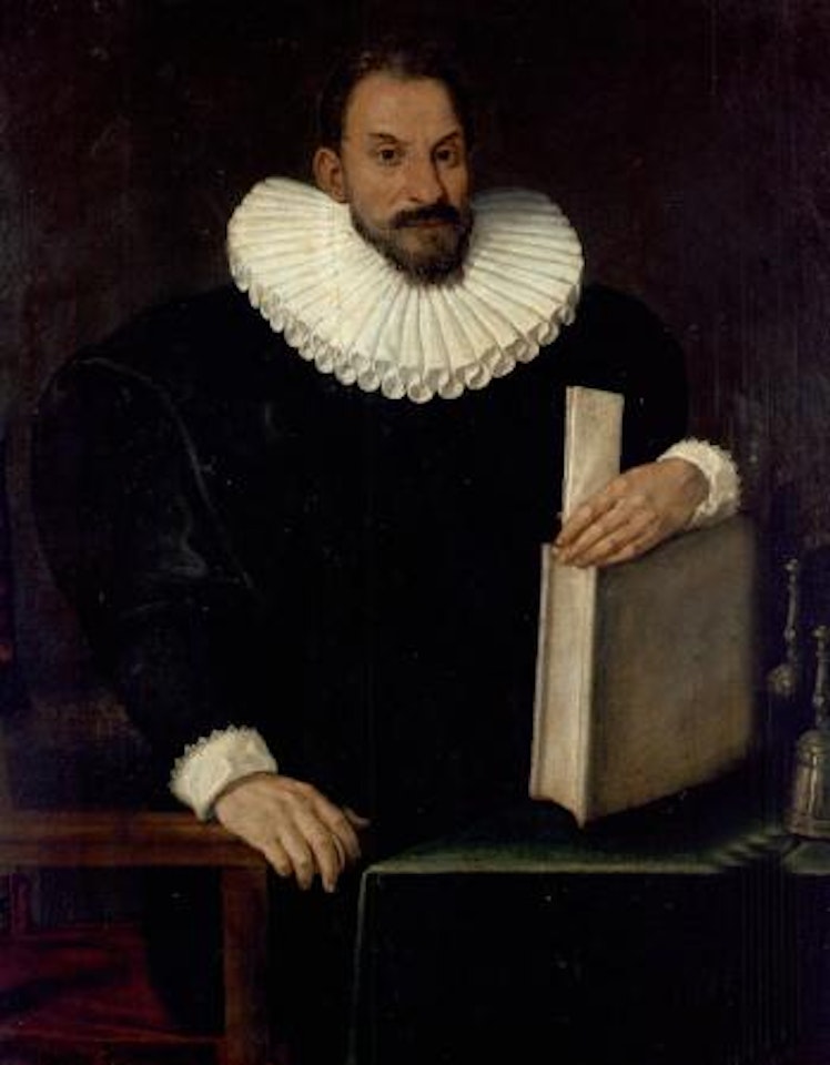 Portrait of a gentleman, said to be Filippo Massini, seating at a desk with a book by BOLOGNESE SCHOOL