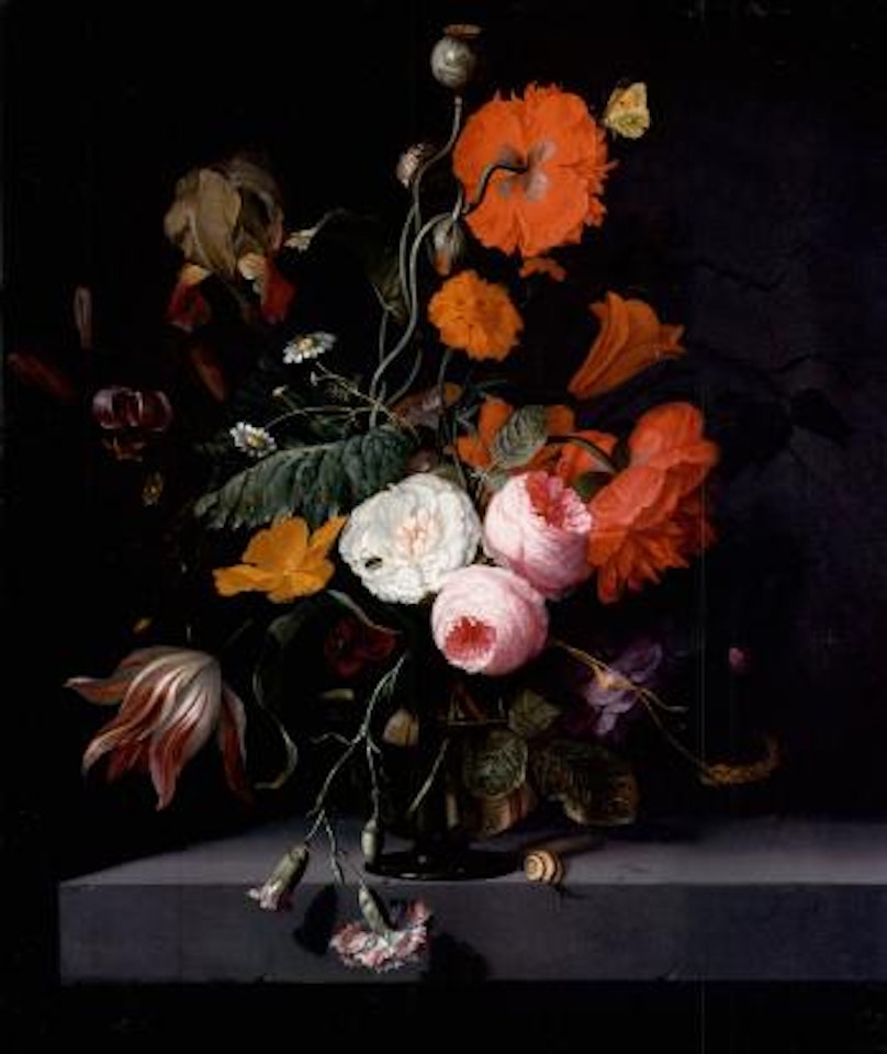 Roses, camomile, poppies and other flowers in a glass vase with insects by Jacob van Walscapelle