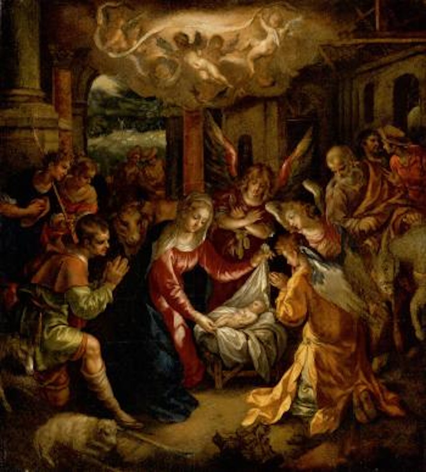 Adoration of the shepherds with the annunciation to the shepherds beyond by Hendrick de Clerck