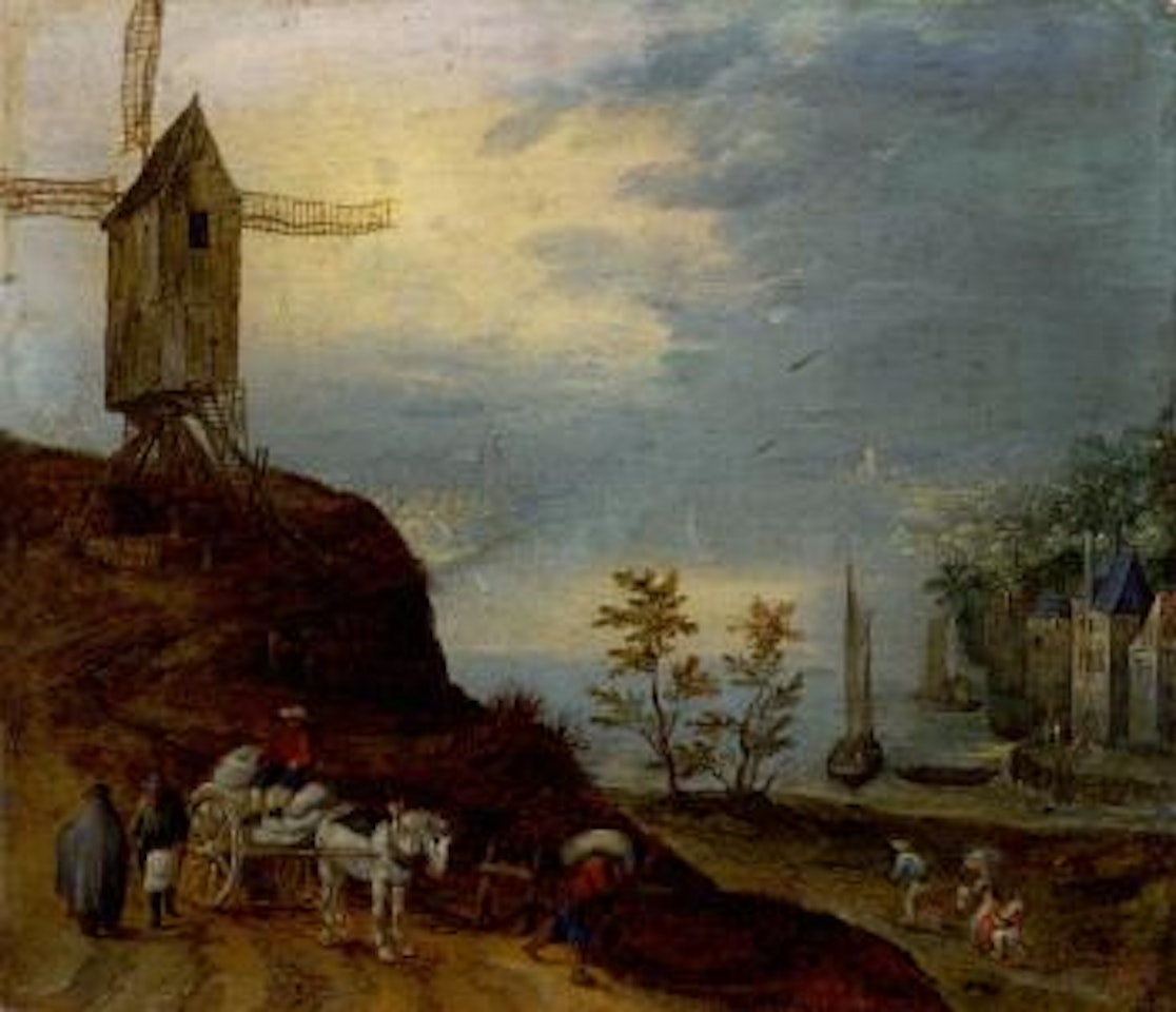 Extensive river landscape with a windmill and travellers on a path by Jan Brueghel the Younger