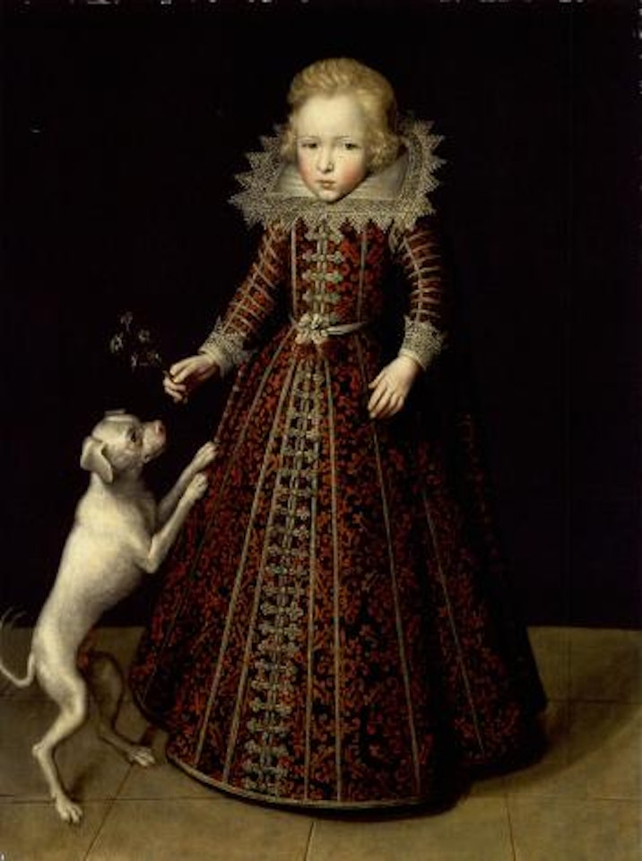 Portrait of a young boy holding a sprig of flowers, with a dog by Flemish School
