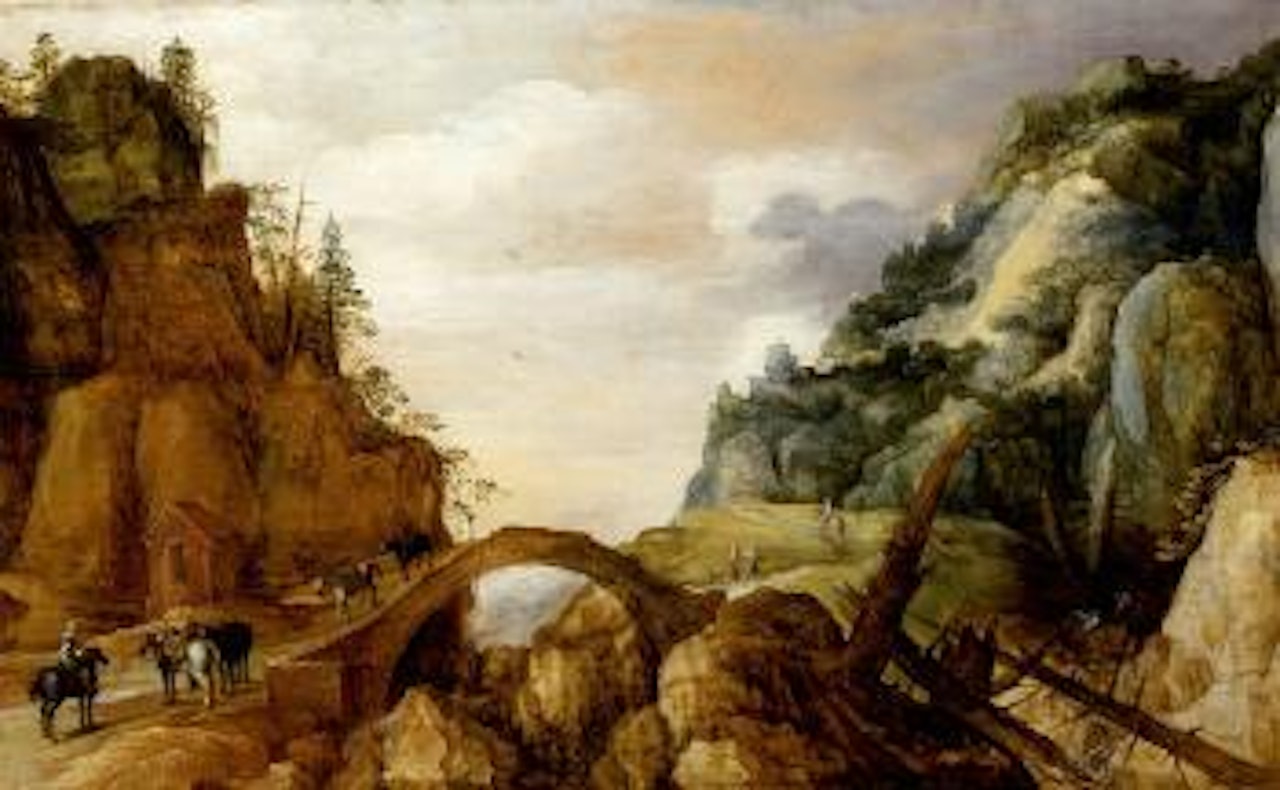 Mountainous landscape with horsemen and travellers crossing a bridge by Joos de Momper the Younger