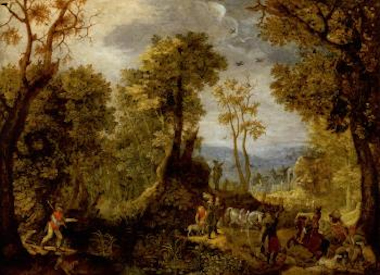 Hunters in a wooded landscape with a village and an extensive landscape beyond by Anton Mirou