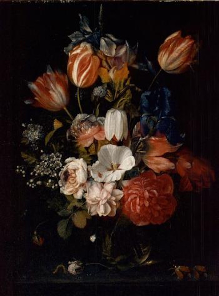Roses, tulips and other flowers in a glass vase with a rose, carterpillar and two inscects by Jan Pauwel Gillemans