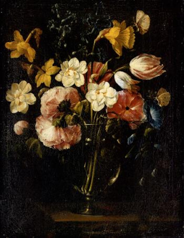 Roses, clematis and other flowers in a glass vase on a wooden ledge, butterfly by Juan de Arellano