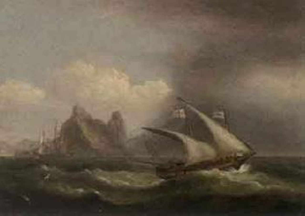 Armed xebec in the Mediterranean, a British frigate off her stern by Thomas Luny