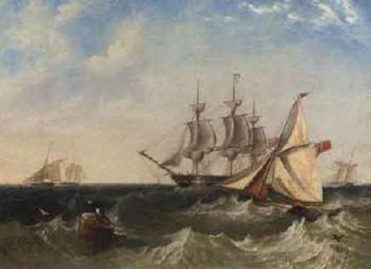 Naval cutters with a frigate coming to anchor by John Wilson Carmichael