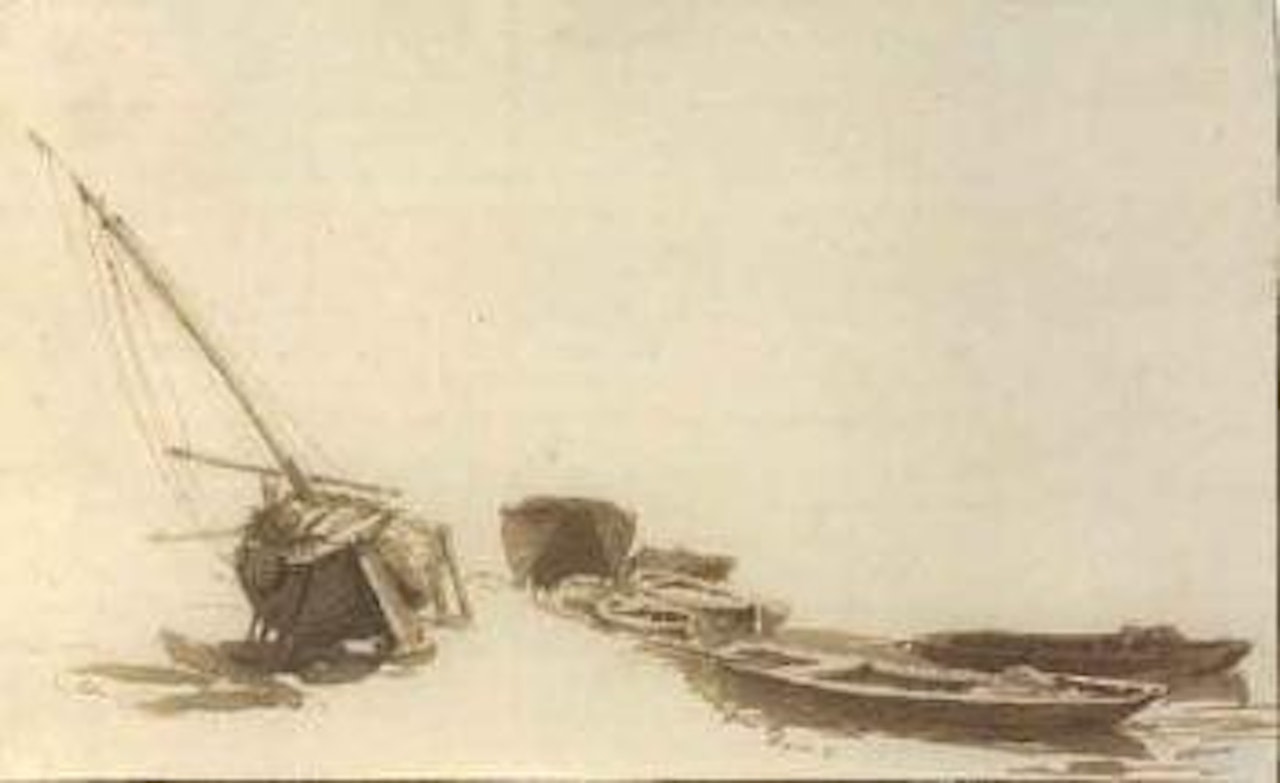Study of a Weyschuit on the shore and some rowing boats in the water by Jan de Bisschop