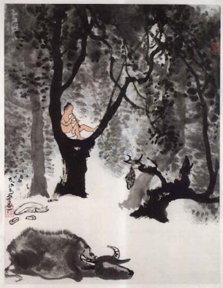 Herding boy with sleeping water buffalo by Li Keran
