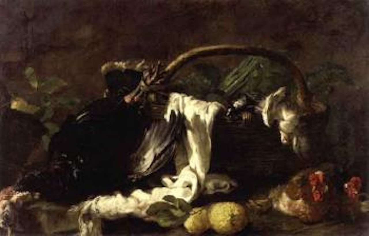 Still life with pheasant, basket, asparagus and songbirds by BOLOGNESE SCHOOL