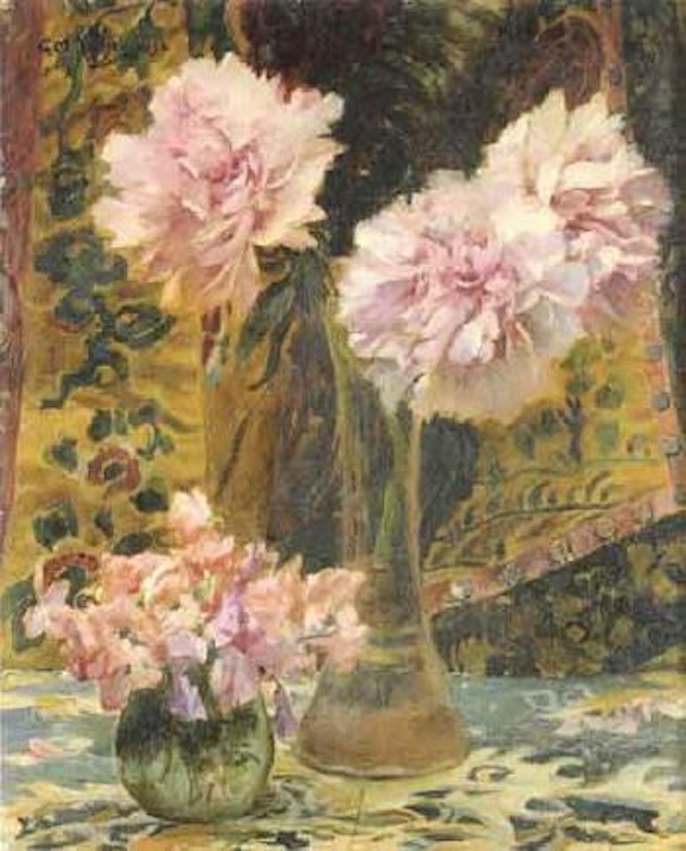 Deux bouquets de fleurs sur un fond de tapisserie by Georges Antoine Rochegrosse
