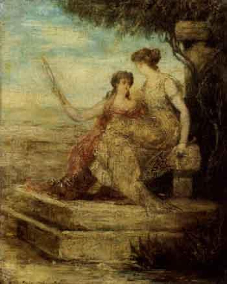 Deux jeunes femmes au miroir, sur un banc by Hans Makart