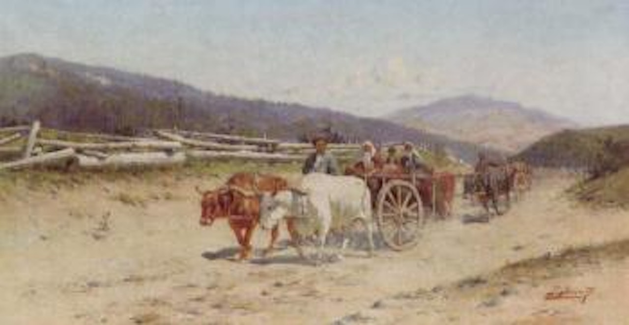 Ox carts in a mountainous landscape by Richard Karlovich Zommer