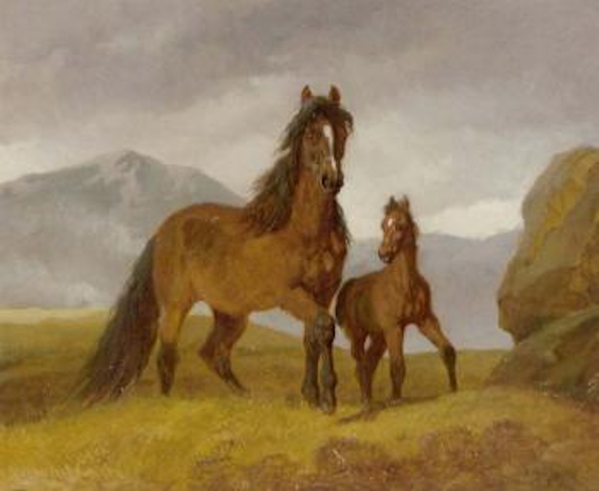 Welsh mountain mare and foal in an Upland landscape by John Frederick Herring