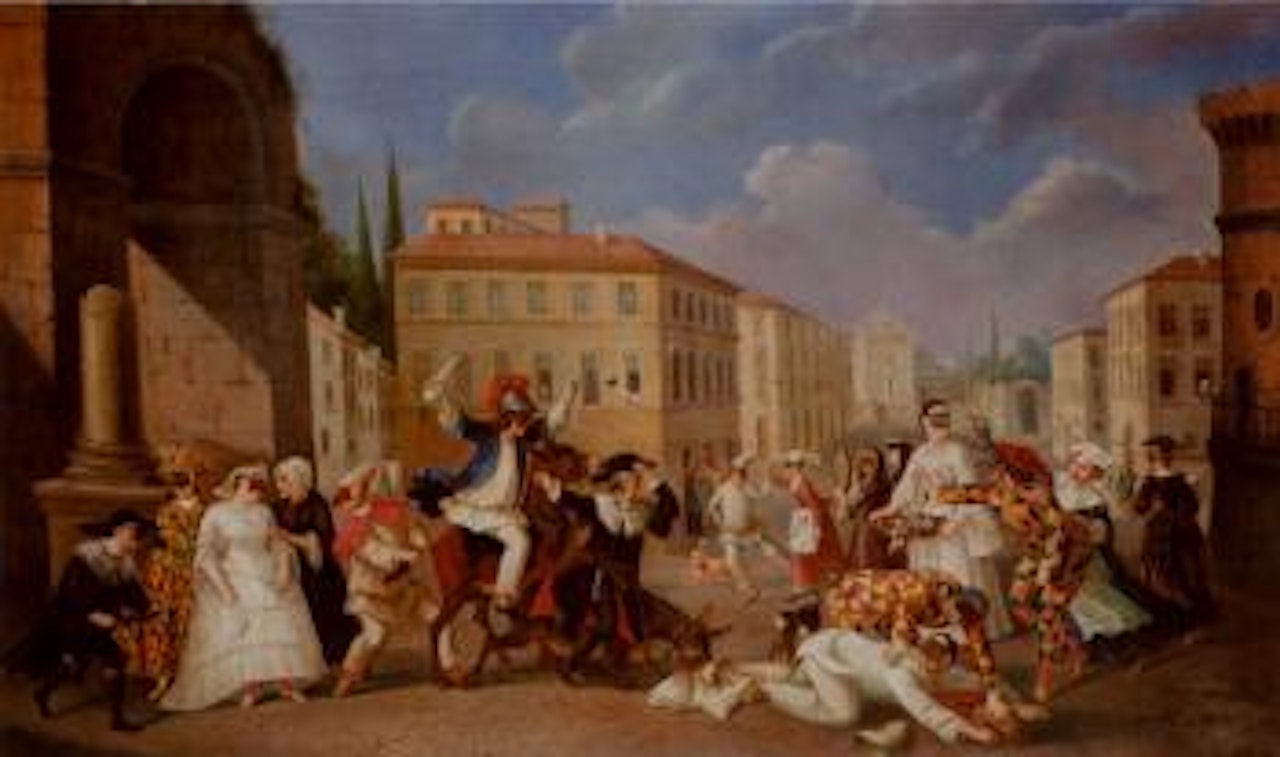 City street with carnival figures in Commedia dell'Arte costumes by Italian School