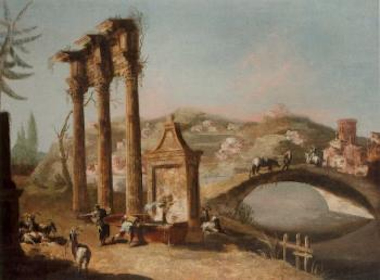 Capriccio of ruins beside a river with figures and their animals by Michele Marieschi