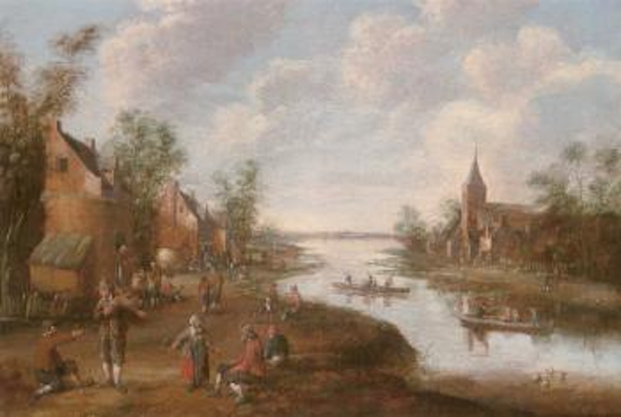 Extensive river landscape with peasants in a village by Joost Cornelisz Droochsloot