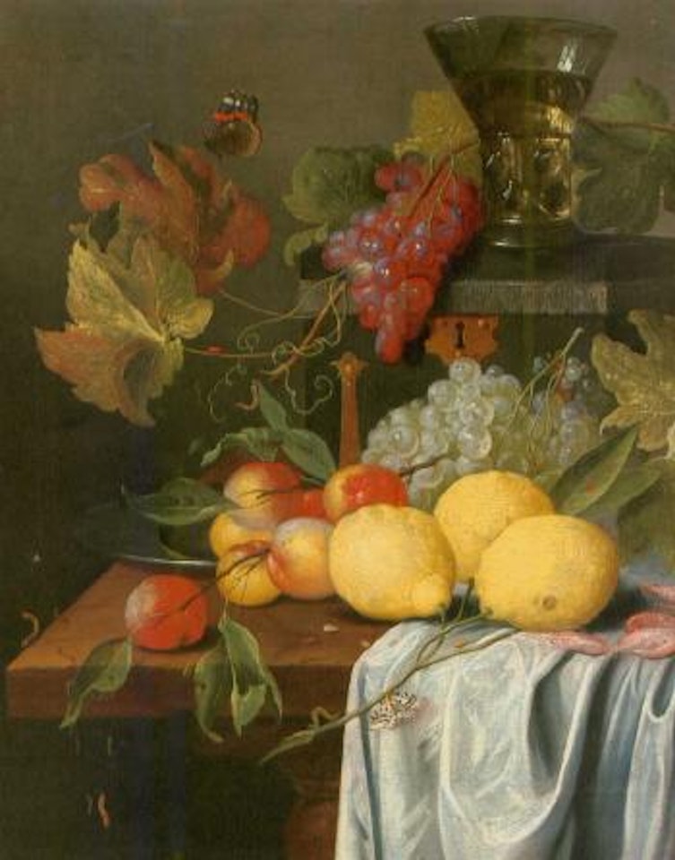 Fruit, prawns, insects and roemer on a box on a draped table by Jan Davidsz de Heem