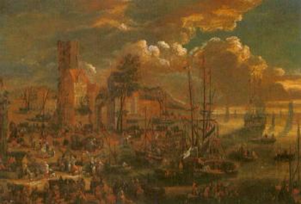 Port with Dutch vessels and town. River landscape with villagers by Pieter Bout