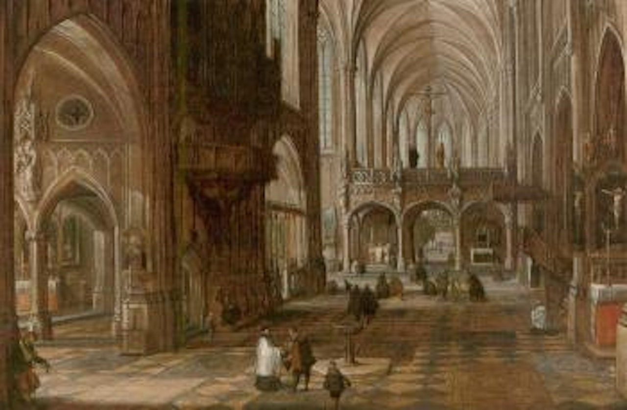 Interior of a gothic cathedral with figures by Hendrik van Steenwyck the Younger