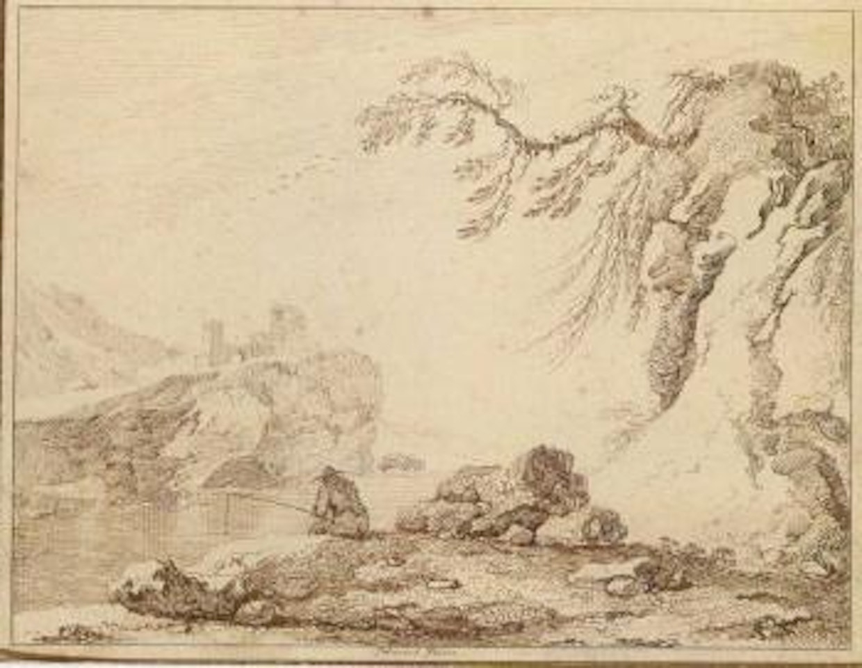 Landscape with fisherman by a river, a castle on the far bank by Pietro IL Vecchio Palmieri