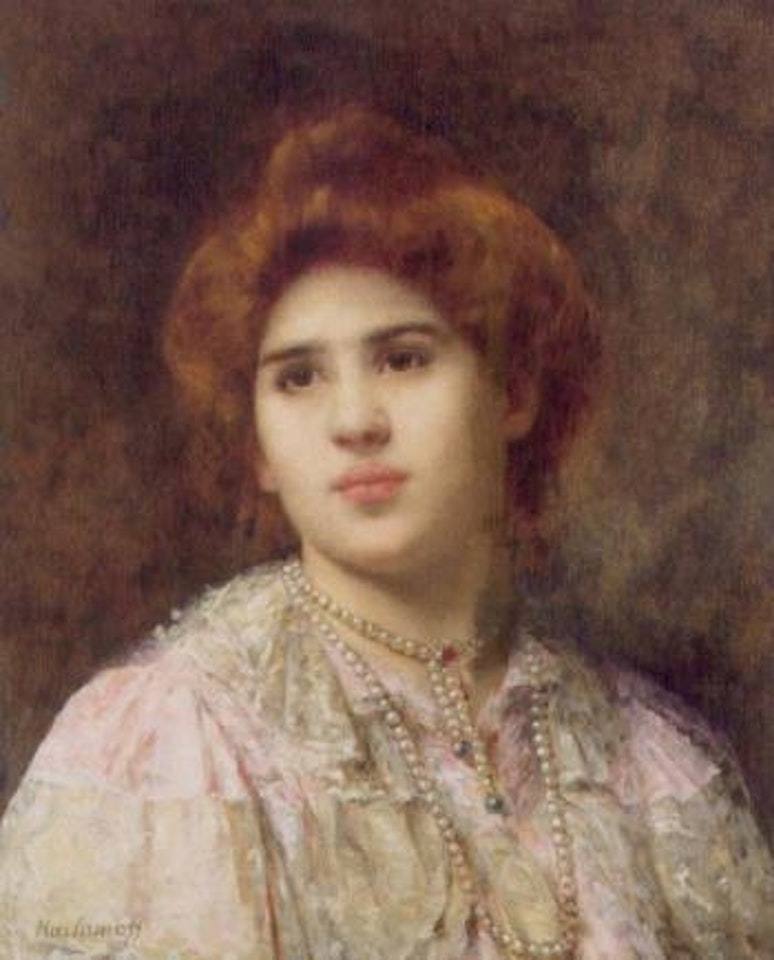 Portrait of a young girl with auburn hair by Alexei Harlamoff