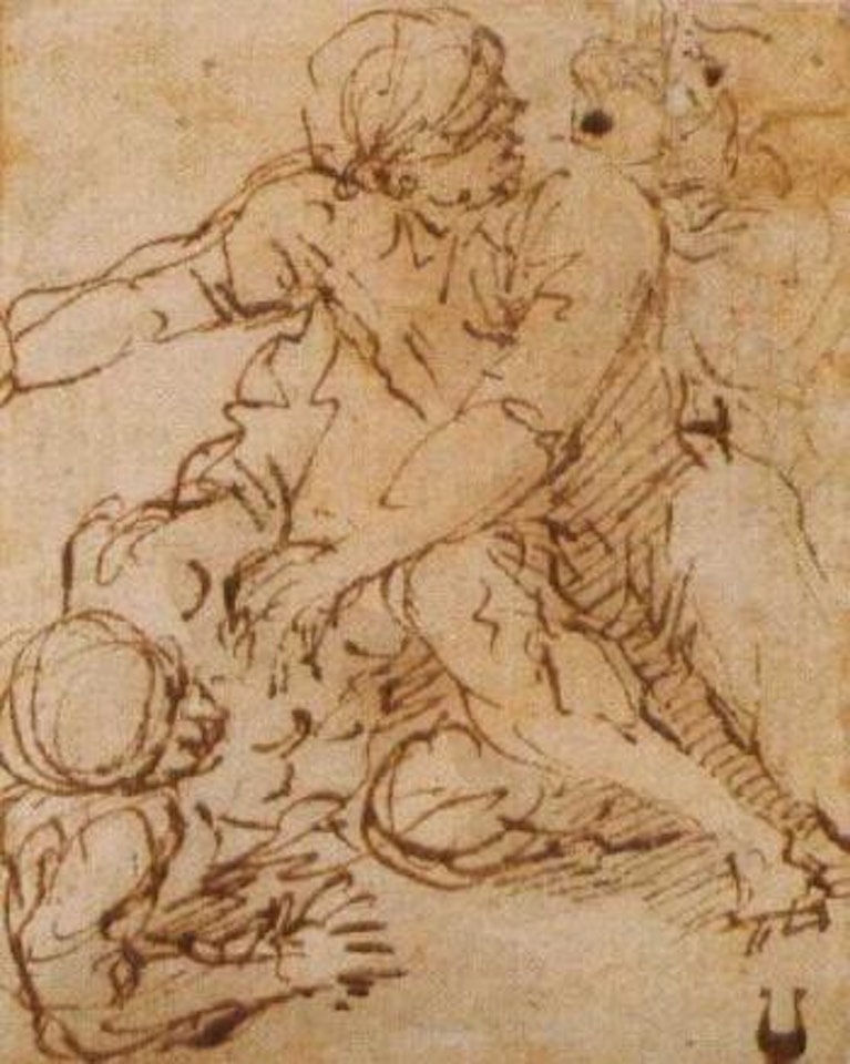 Un homme allonge parterre avec deux figures assises by Salvator Rosa