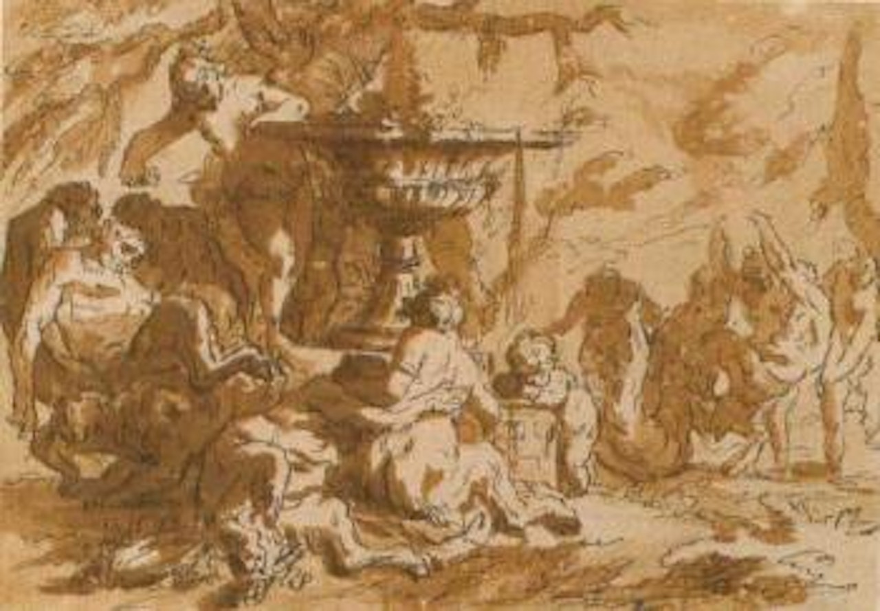 Scene de bacchanale avec des nymphes, des satyres et un putto by Louis-Félix de la Rue