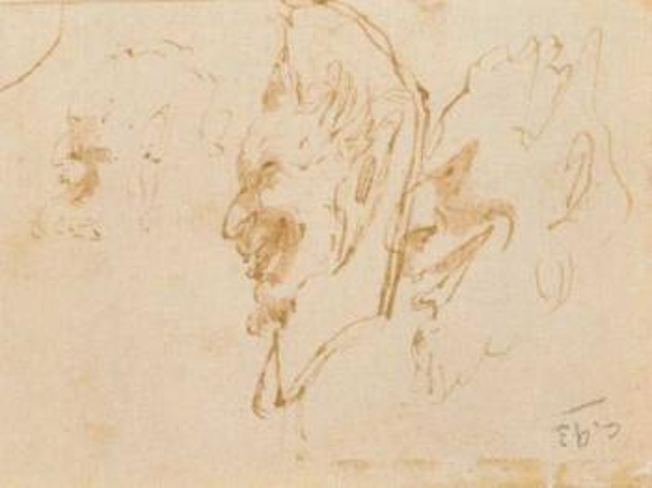 Trois tetes de satyres de profil a gauche. Etude d'arbre by Giovanni Battista Tiepolo