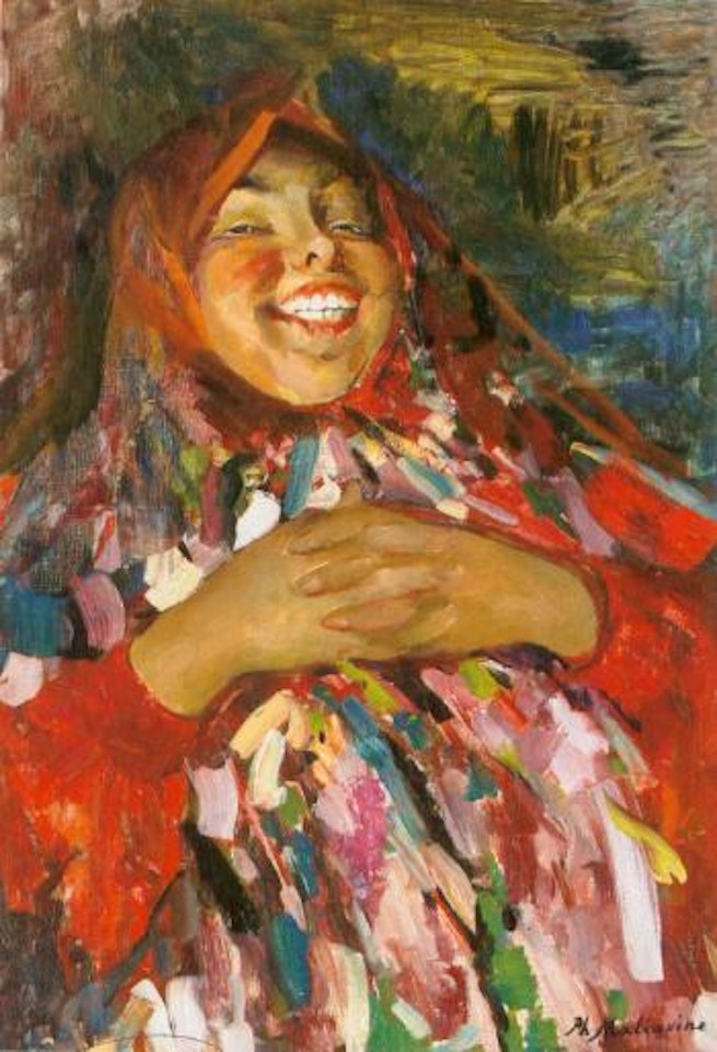 A laughing peasant woman by Filip Malyavin