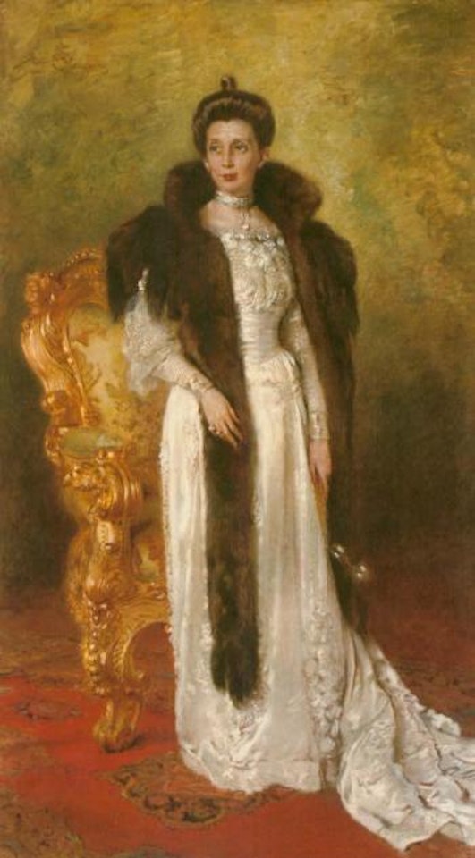 Portrait of a lady in a white dress and fur stole by Konstantin Makovsky