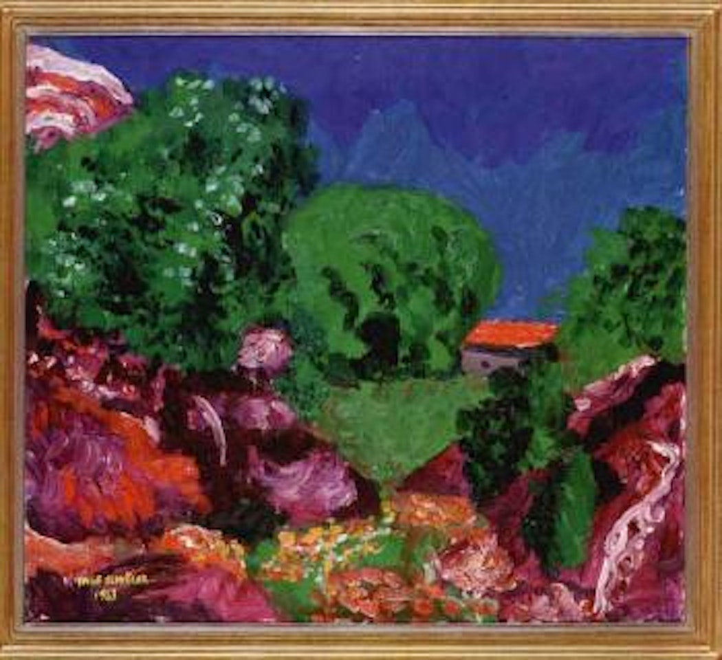 Summer landscape with house among green bushes and flowers by Inge Schiöler