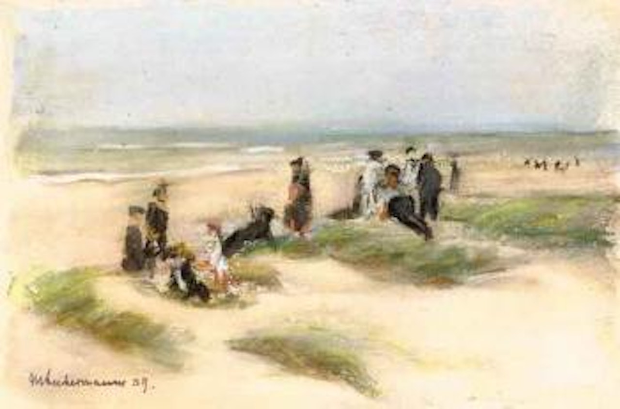 Sitting and standing figures at the beach by Max Liebermann
