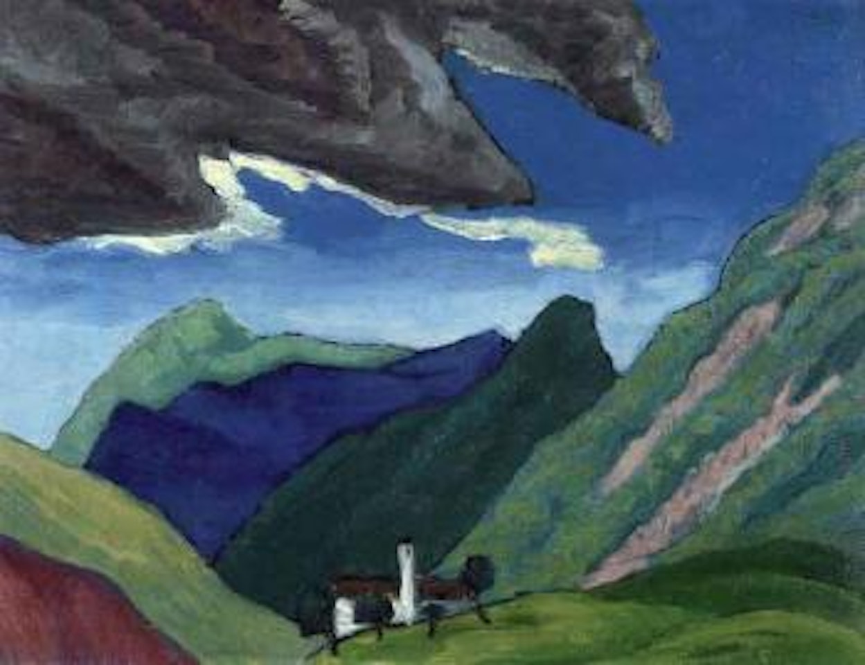 Mountainous landscpe with church and thunder cloud by Gabriele Münter
