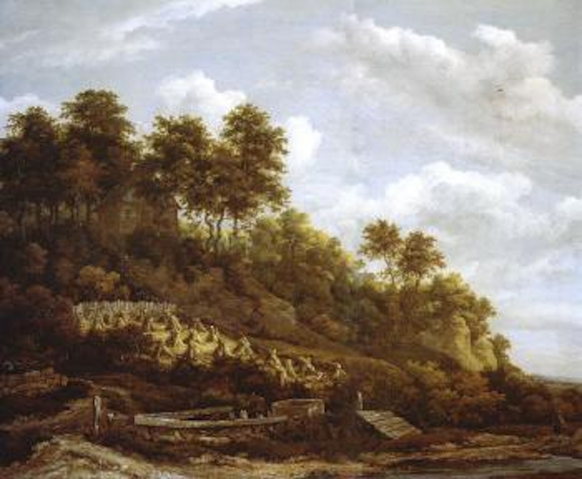 Hilly landscape with stooks of wheat by Jacob Salomonsz. van Ruysdael