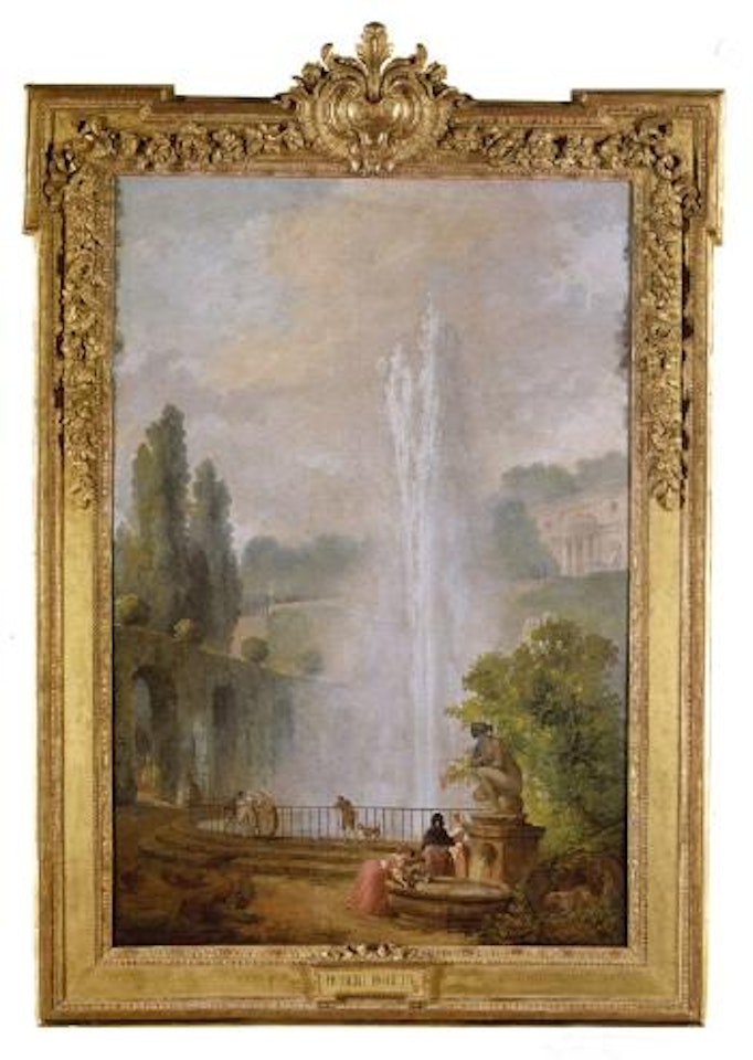 Garden landscape with a villa overlooking a large fountain by Hubert Robert