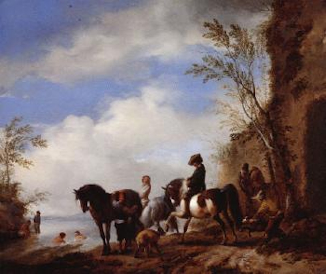 Horsemen and other figures halted on a riverbank next to ruins by Philips Wouwerman