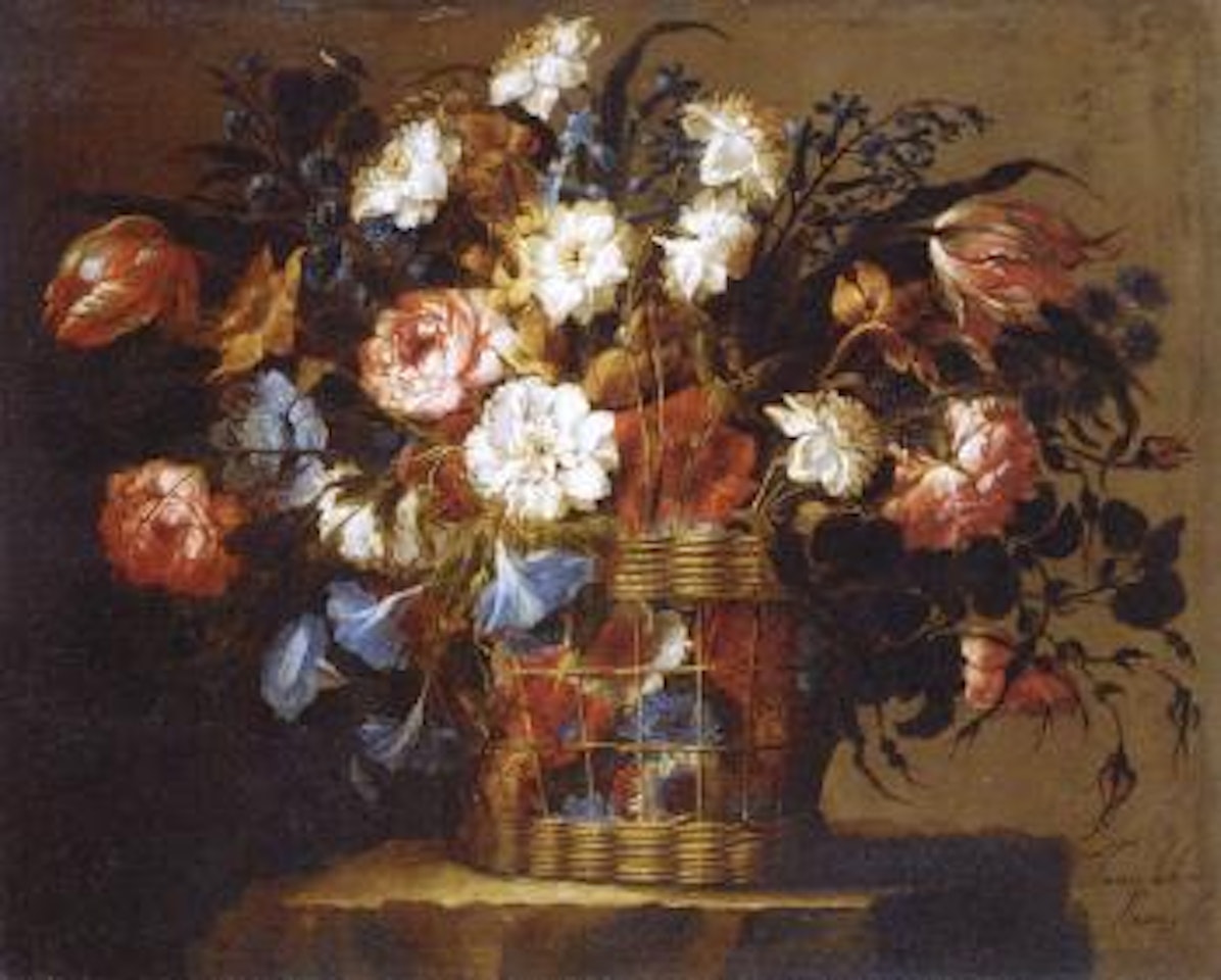 Still life of flowers in a basket by Juan de Arellano