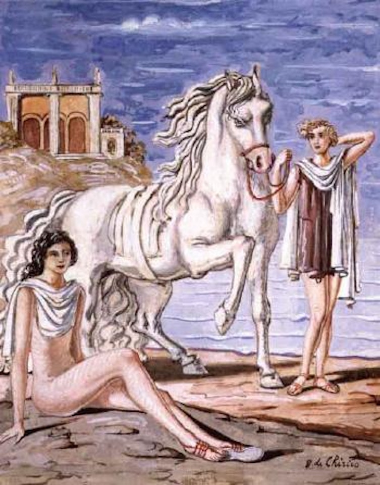 Models and white horse by Giorgio de Chirico