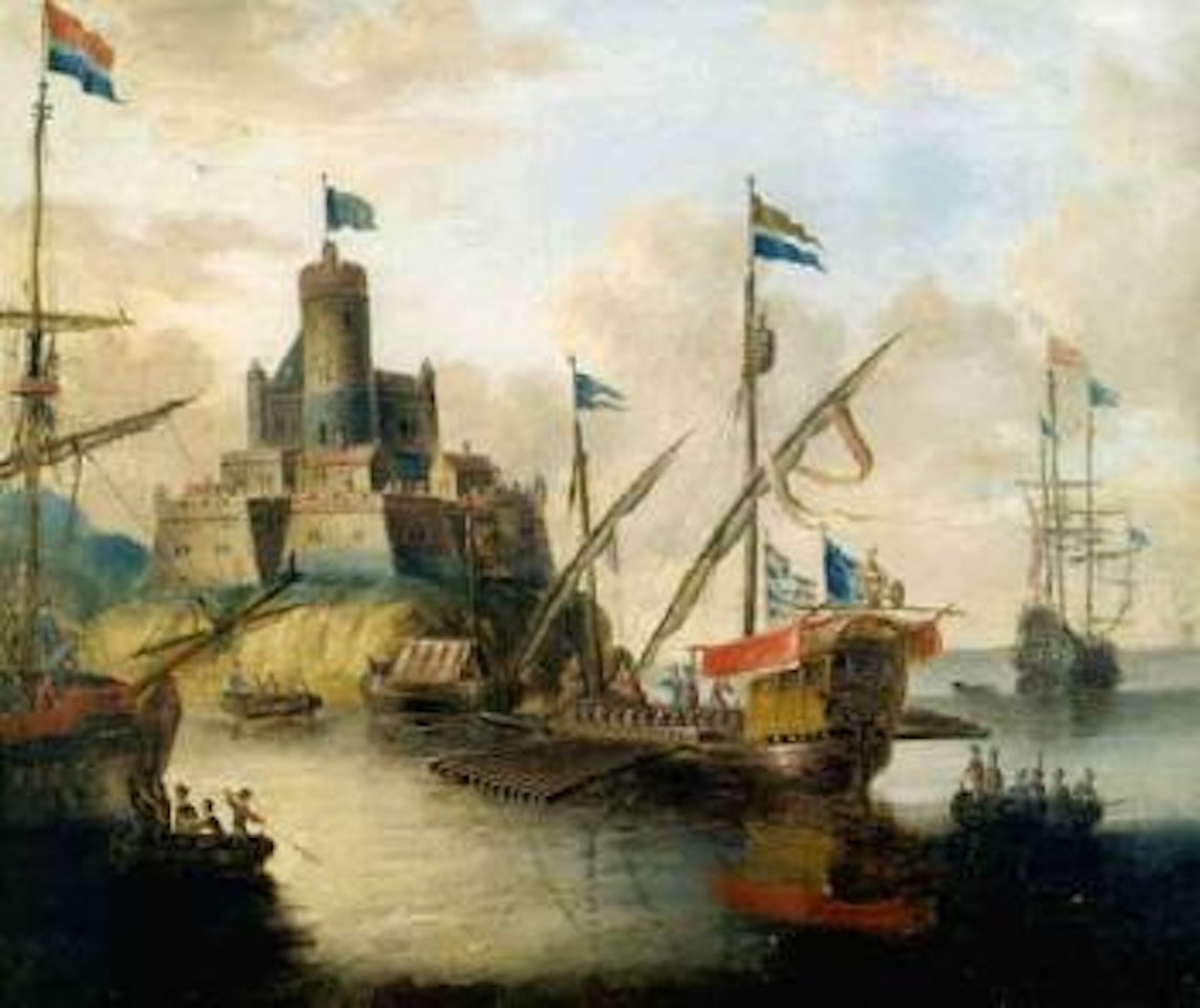 Marine with three yachts near a fortress by Pieter van de Velde