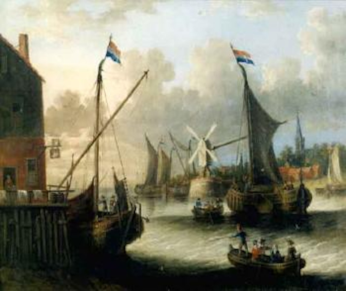 Moored ships and sloops in a Dutch city by Pieter van de Velde